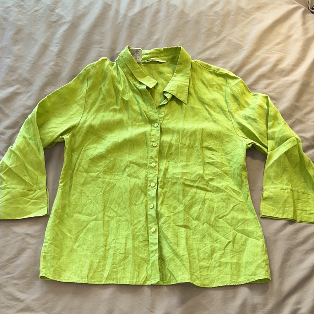 Vtg Tall Girl 100% Linen Lime Green 3/4 Sleeve Button Down Sz 16 Summer Vacation